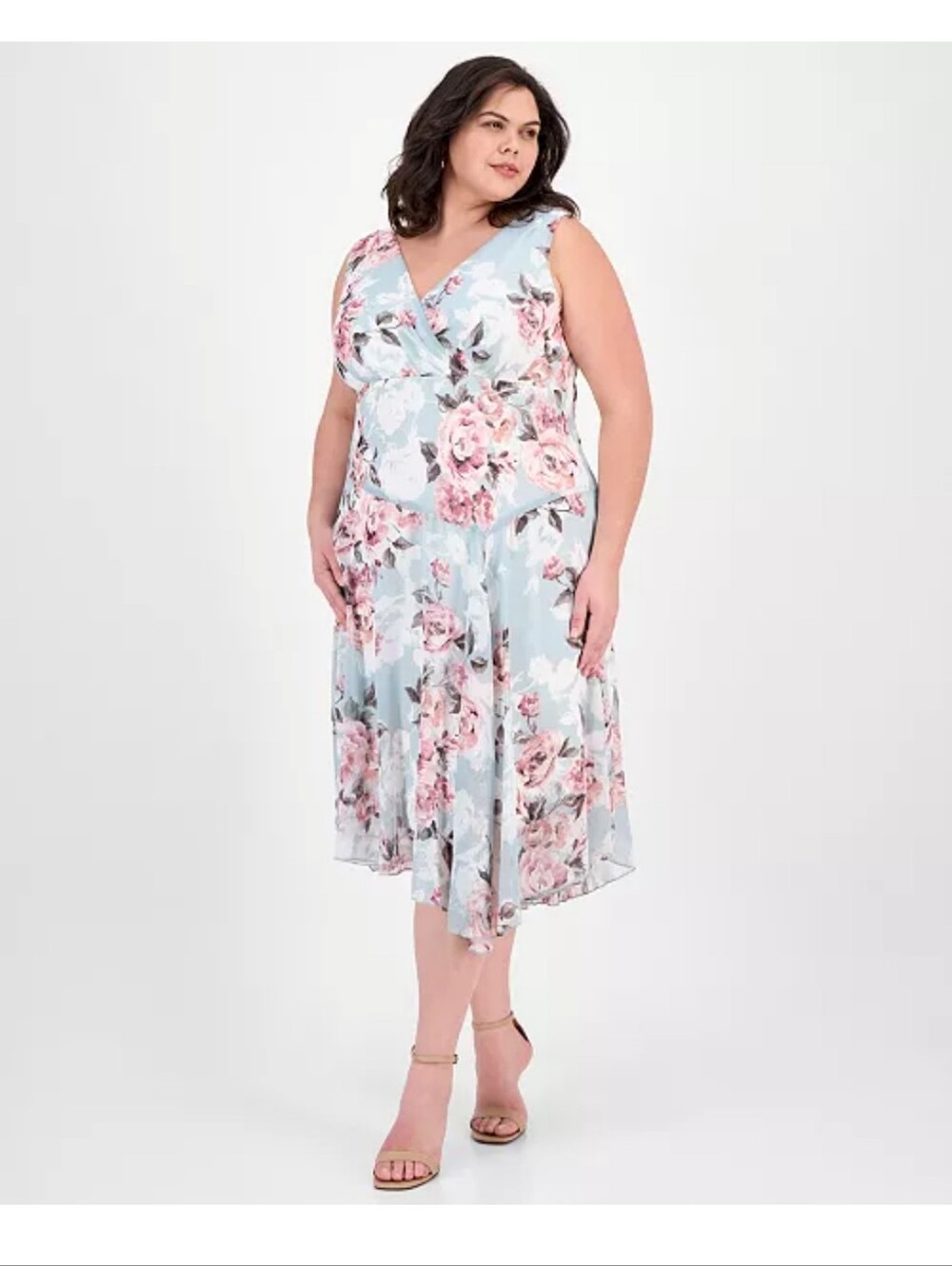 Connected Apparel Floral Dress 18W Plus Size Blue Pink Sleeveless Chiffon Midi